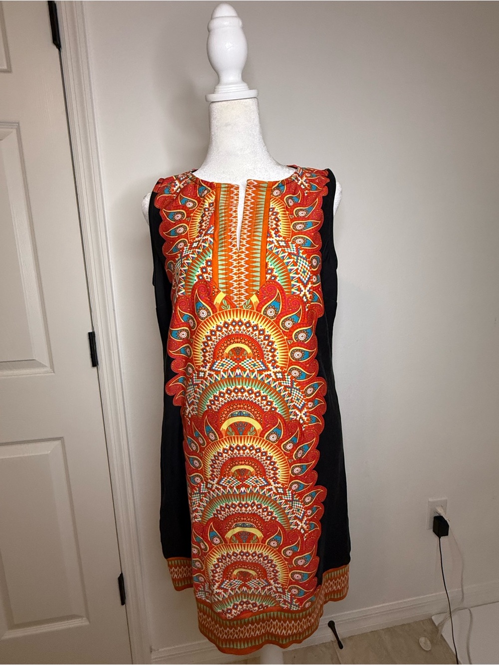 100% cotton New York & Company Large Orange Black Boho Paisley Shift Dress